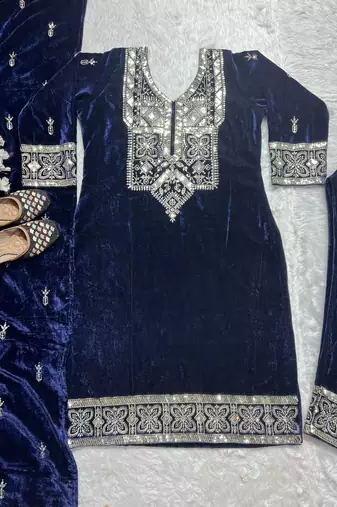 Navy blue designer pure heavy viscous velvet sequins embroidered work readymade suit