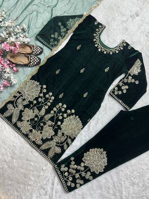 Green designer pure heavy viscous velvet sequins embroidered work readymade suit 3