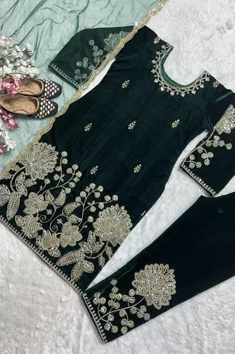 Green designer pure heavy viscous velvet sequins embroidered work readymade suit