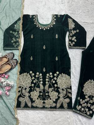 Green designer pure heavy viscous velvet sequins embroidered work readymade suit 4