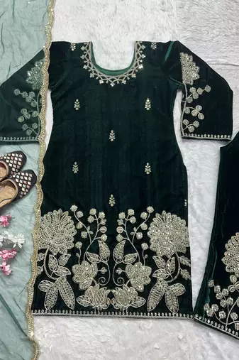 Green designer pure heavy viscous velvet sequins embroidered work readymade suit