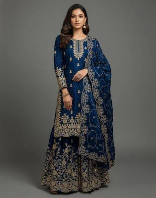 Blue designer pure gmy silk sequins embroidered work readymade suit 2