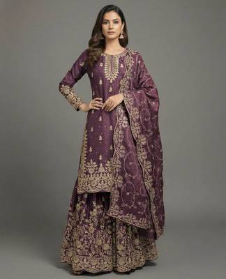 Purple designer pure gmy silk sequins embroidered work readymade suit 2