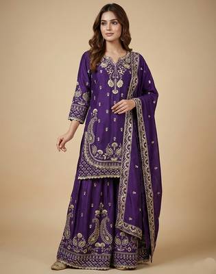 Purple designer chinon sequins embroidered work readymade suit 1