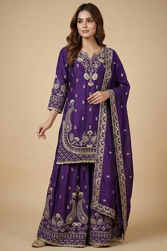 Purple designer chinon sequins embroidered work readymade suit