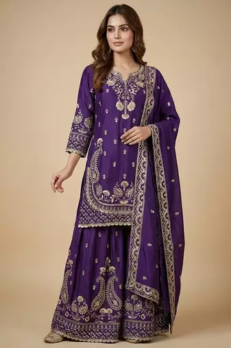 Purple designer chinon sequins embroidered work readymade suit