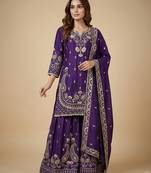 Purple designer chinon sequins embroidered work readymade suit