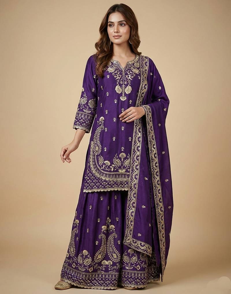 Purple designer chinon sequins embroidered work readymade suit