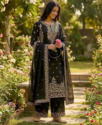 Black designer pure gmy silk sequins embroidered work readymade suit 2