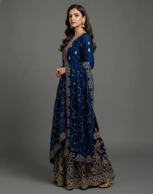 Blue designer pure gmy silk sequins embroidered work readymade suit 3