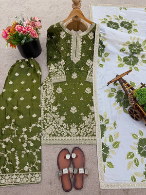 Mehendi green designer pure gmy silk sequins embroidered work readymade suit 3