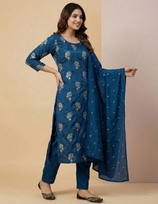 Blue designer heavy chinon sequins embroidered work readymade suit 3