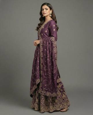 Purple designer pure gmy silk sequins embroidered work readymade suit 3