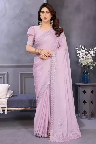 Pink rangoli silk saree with sequence embroidery lace border and matching blouse piece