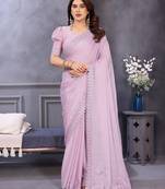 Pink rangoli silk saree with sequence embroidery lace border and matching blouse piece