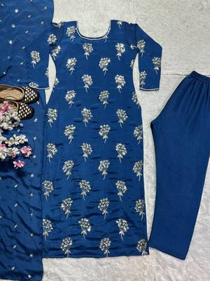 Blue designer heavy chinon sequins embroidered work readymade suit 4