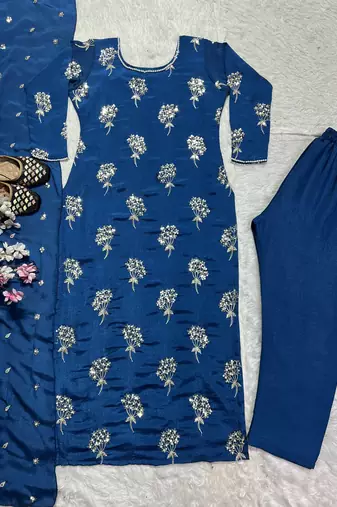Blue designer heavy chinon sequins embroidered work readymade suit