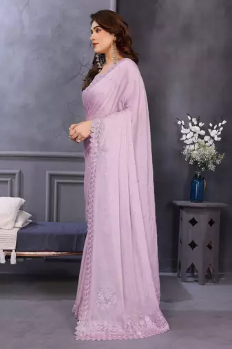 Pink rangoli silk saree with sequence embroidery lace border and matching blouse piece