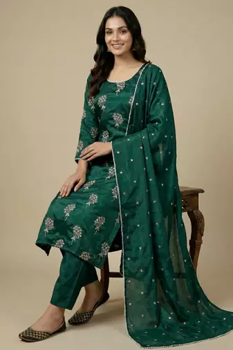 Green designer heavy chinon sequins embroidered work readymade suit