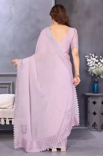 Pink rangoli silk saree with sequence embroidery lace border and matching blouse piece