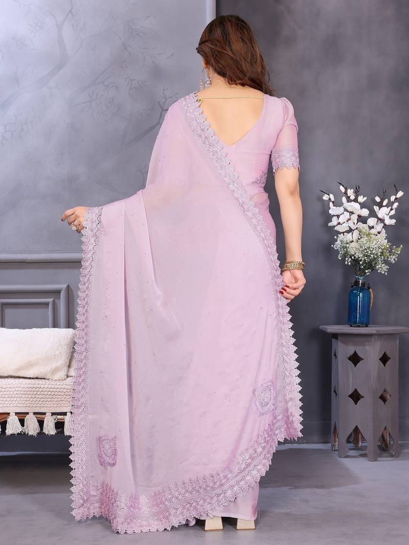 Pink rangoli silk saree with sequence embroidery lace border and matching blouse piece