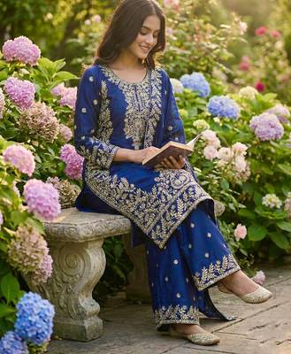Blue designer pure gmy silk sequins embroidered work readymade suit 2