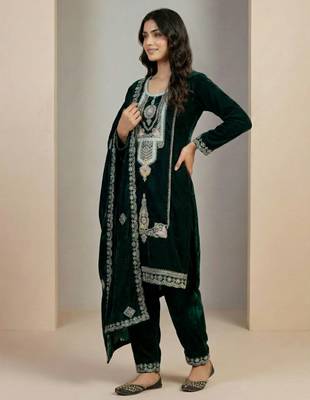 Green designer pure heavy viscous velvet sequins embroidered work readymade suit 2