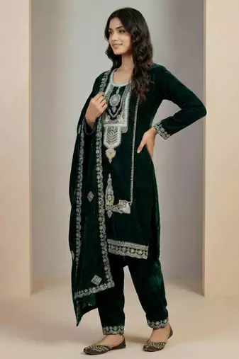 Green designer pure heavy viscous velvet sequins embroidered work readymade suit