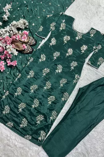 Green designer heavy chinon sequins embroidered work readymade suit