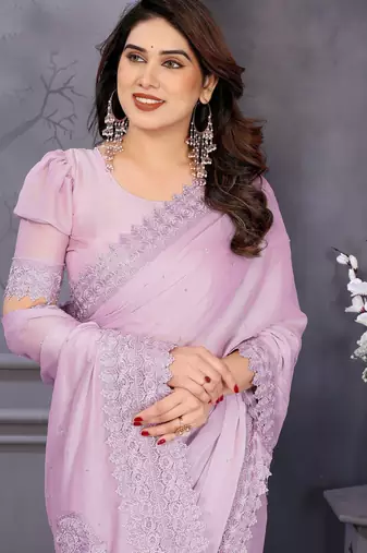 Pink rangoli silk saree with sequence embroidery lace border and matching blouse piece