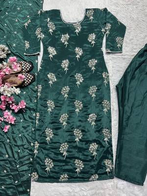 Green designer heavy chinon sequins embroidered work readymade suit 4