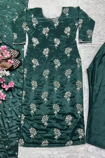 Green designer heavy chinon sequins embroidered work readymade suit