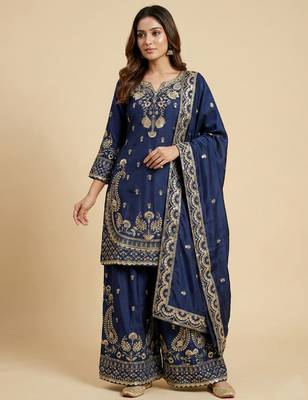 Navy blue designer chinon sequins embroidered work readymade suit 1