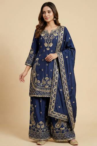 Navy blue designer chinon sequins embroidered work readymade suit