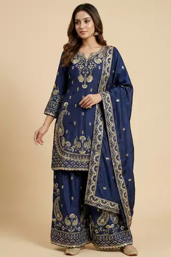 Navy blue designer chinon sequins embroidered work readymade suit