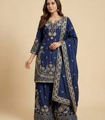 Navy blue designer chinon sequins embroidered work readymade suit