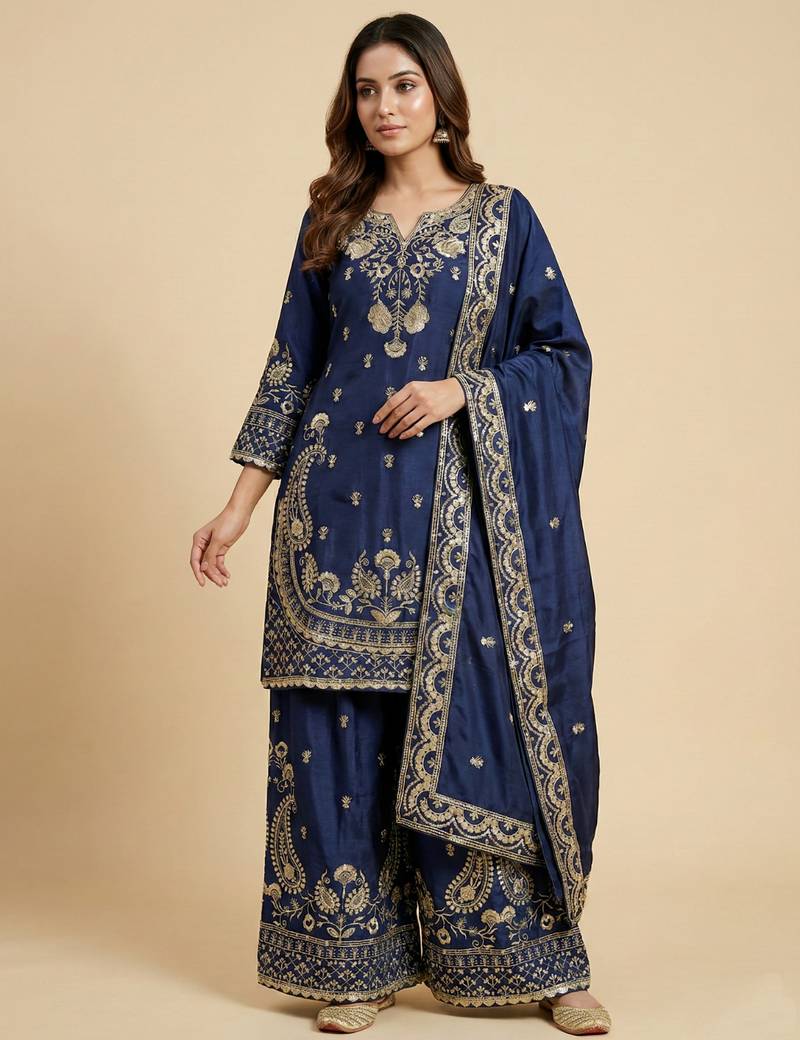 Navy blue designer chinon sequins embroidered work readymade suit