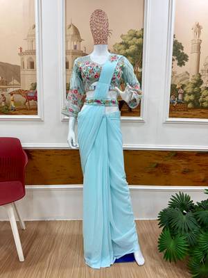 Sky blue georgette embroidered saree 3