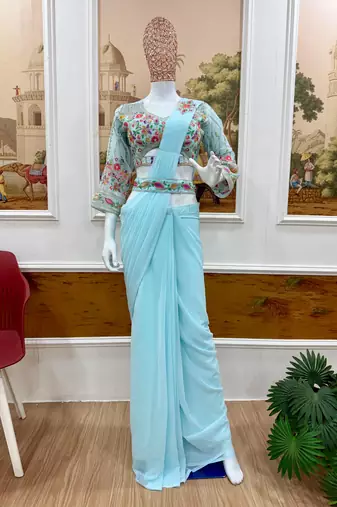 Sky blue georgette embroidered saree