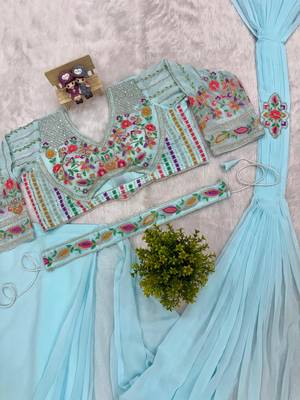 Sky blue georgette embroidered saree 4
