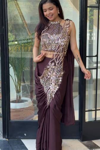 Purple silk blend embroidered saree