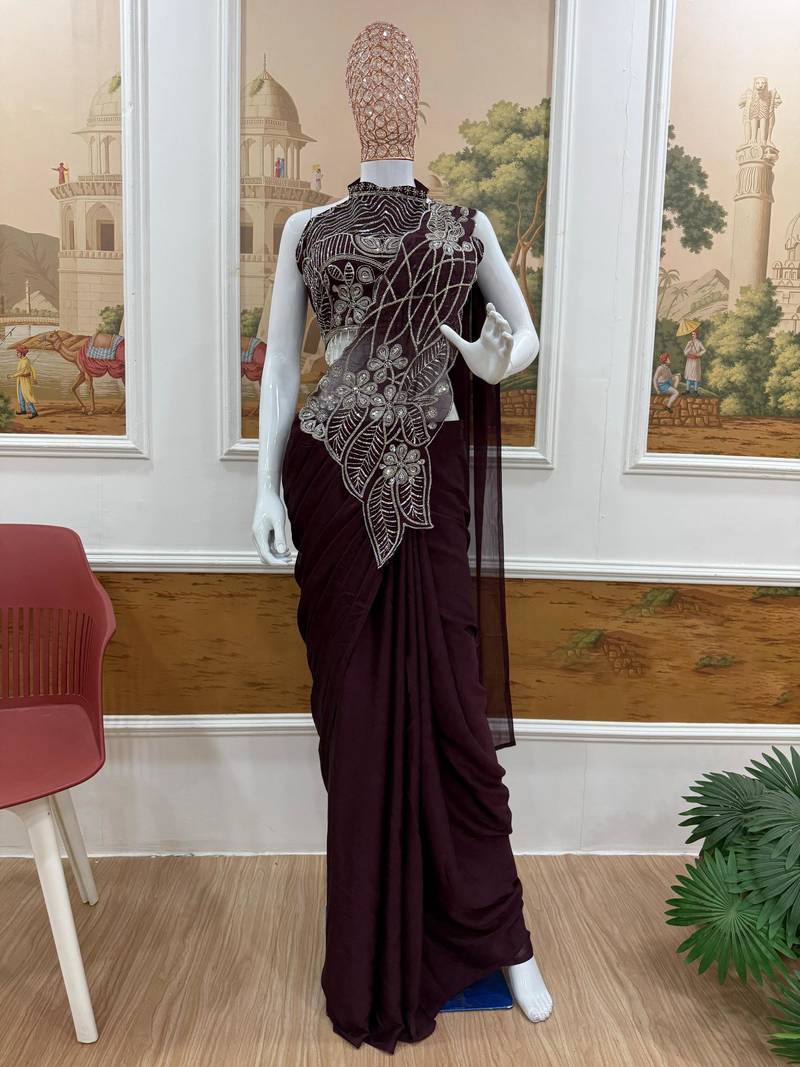 Purple silk blend embroidered saree