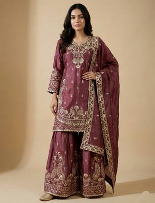 Pink designer chinon sequins embroidered work readymade suit 1
