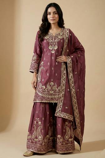 Pink designer chinon sequins embroidered work readymade suit