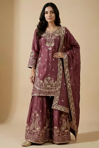 Pink designer chinon sequins embroidered work readymade suit