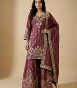 Pink designer chinon sequins embroidered work readymade suit