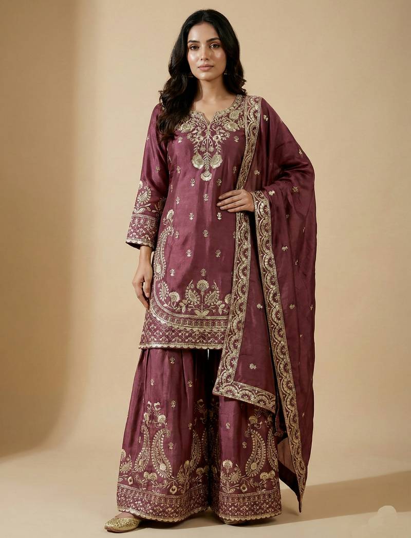 Pink designer chinon sequins embroidered work readymade suit