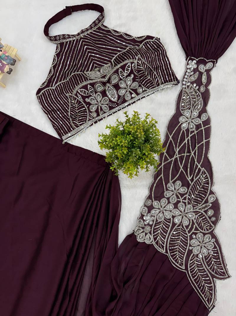 Purple silk blend embroidered saree