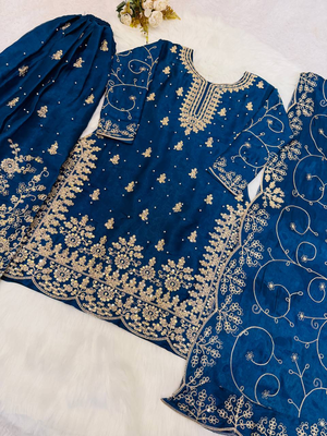 Blue designer pure gmy silk sequins embroidered work readymade suit 4