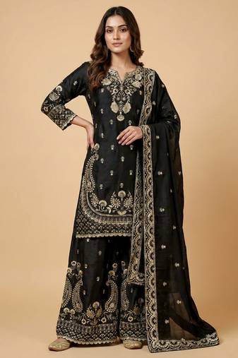 Black designer chinon sequins embroidered work readymade suit